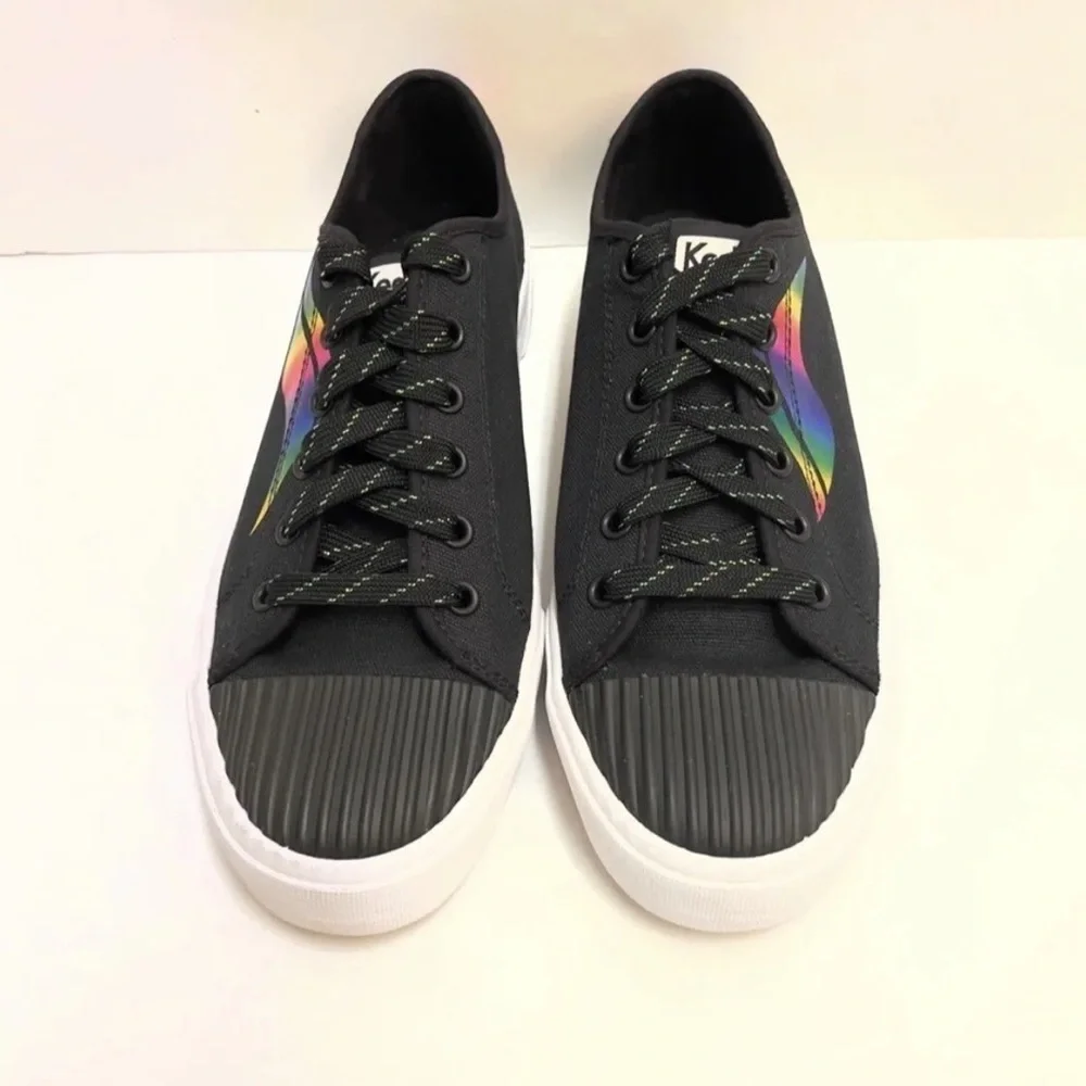 NEW Keds Black Crew Kick Holo Rainbow Wave Lace Up Platform Sneakers